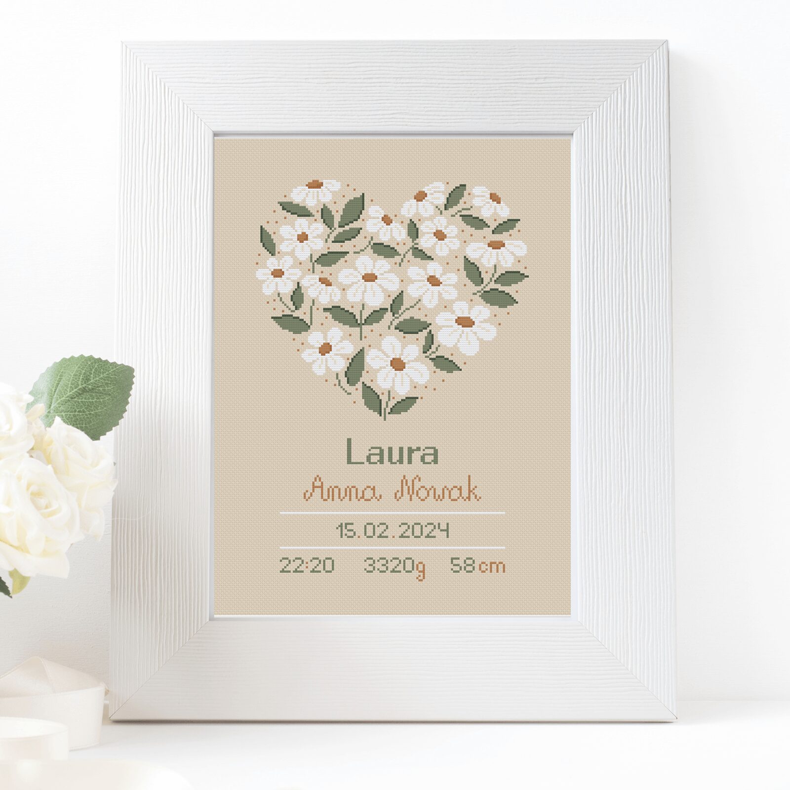 Metryczka wyszyta haftem krzyżykowym